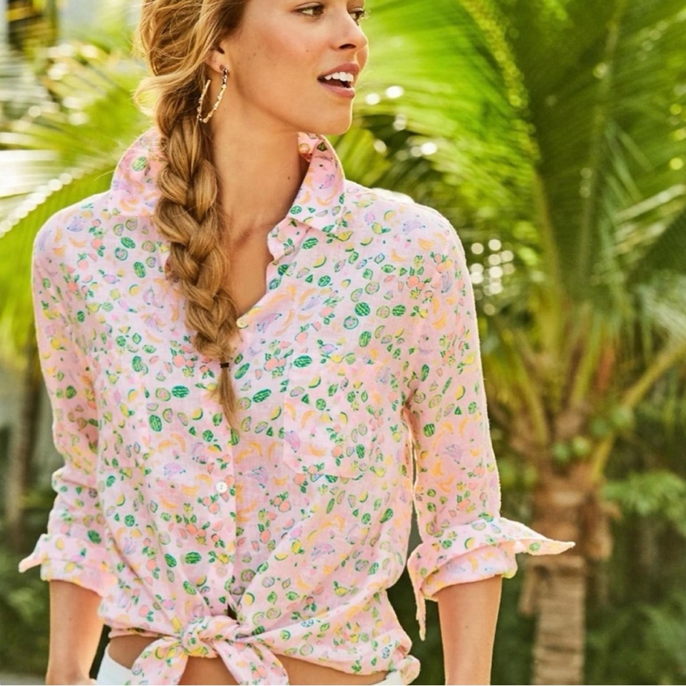 Lilly Pulitzer Women's Sea View Button Down Linen Top size large